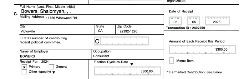 This is a screenshot of FEC records showing Shalomyah Bowers' $3300 contribution to Joe Vogel's 6th Congressional District campaign.